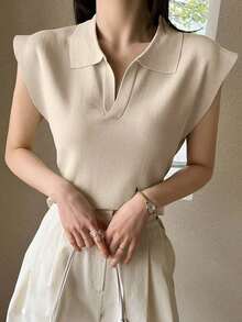 Suéter holgado de punto de unicolor con cuello, estilo casual y de negociospara mujer - Beis - Ver 4
