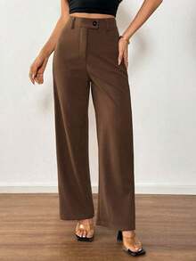 Pantalones rectos casuales de mujer de unicolor con cinturón - Café integral 2 - Ver 3