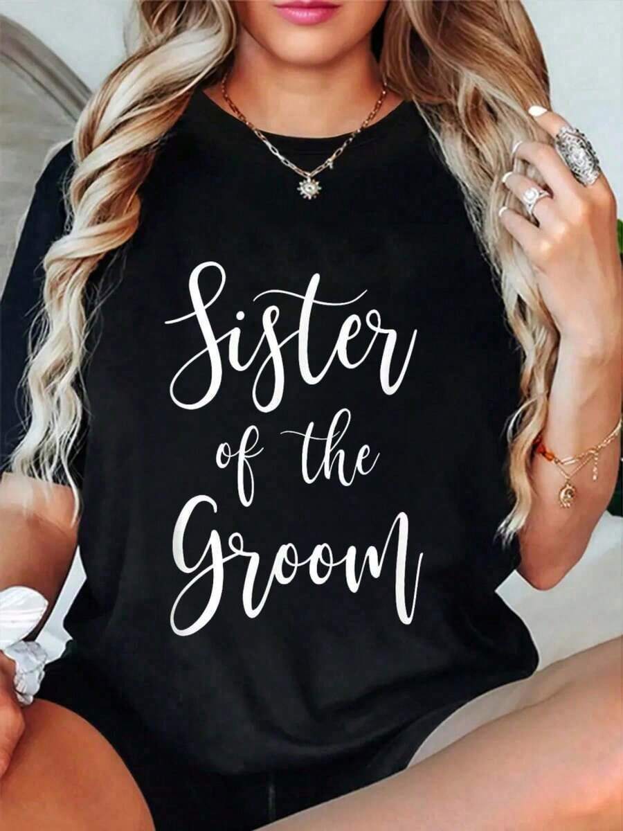 Camiseta 100% Algodón para Hermana del Novio, Fiesta de Boda, Dama de Honor, para Mujer y Hombre, Talla Grande, Cómoda, Suave, Cuello Redondo, Transpirable y Confortable - Negro - Ver 1