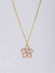 1pc Women's Simple Elegant Y2K Sweet Pink White & Blue Flower Pendant Necklace, Elegant Gold Tone Clavicle Chain Daily Jewelry Accessory - Multicolor - View 6