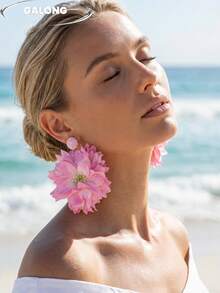 Large Yellow Flower Earrings For Women, Lightweight Floral Petal Earrings, Artistic & Fresh Style Suitable For Beach Photos, Personalized Accessory Essential For Goddess - Baby Pink - View 3