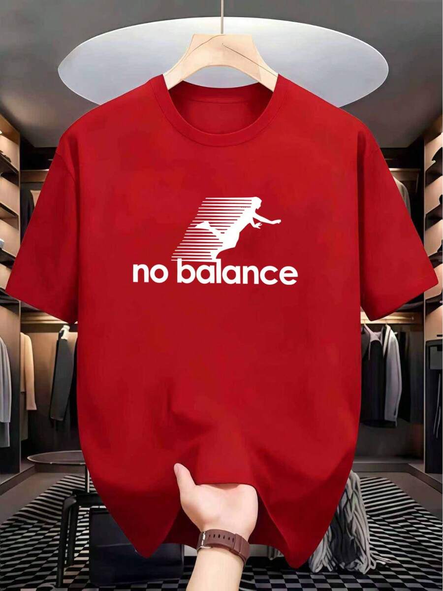 Camiseta de poliéster para hombre con estampado divertido de letras y figura caída "No Balance", de verano, de secado rápido, transpirable, de ajuste holgado, cuello redondo, personalidad divertida, versátil para uso diario, casual, de manga corta - [Rojo] - Ver 1