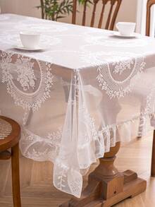 1pc Elegant French Floral Lace Trim Tablecloth, Fresh And Chic Decor - White - View 9
