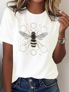 Comfortable Solid Color T-Shirt For Women With A Bee Design Featuring Transparent Wings And A Honeycomb Pattern. - White - View 7