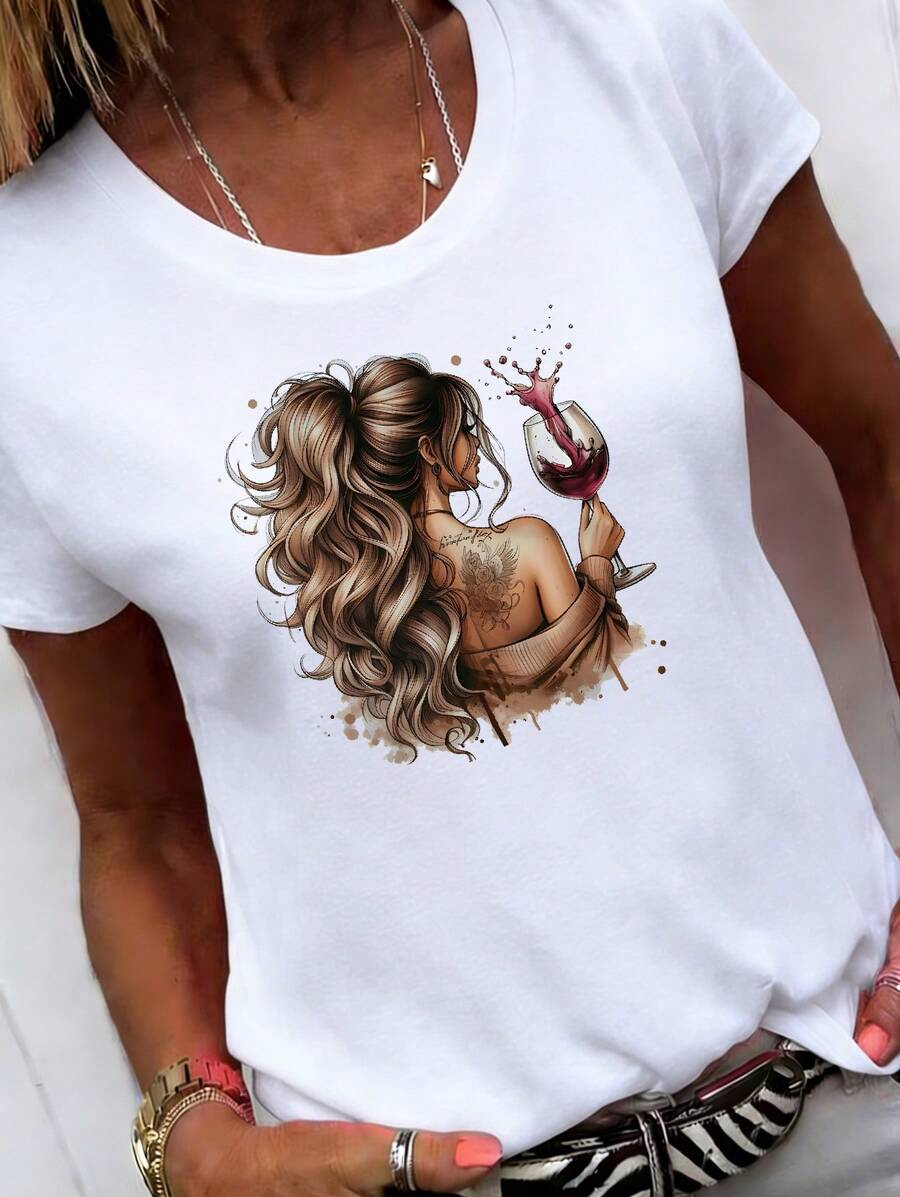 Camiseta de manga corta para mujer de poliéster, adecuada para actividades al aire libre, duradera y cómoda, con un lazo estampado rosa, esencial para atuendos de boda, ropa de vacaciones y citas, una excelente opción para el Día de la Madre, ropa casual para bares o discotecas, con tela ligera y transpirable. - Blanco - Ver 1