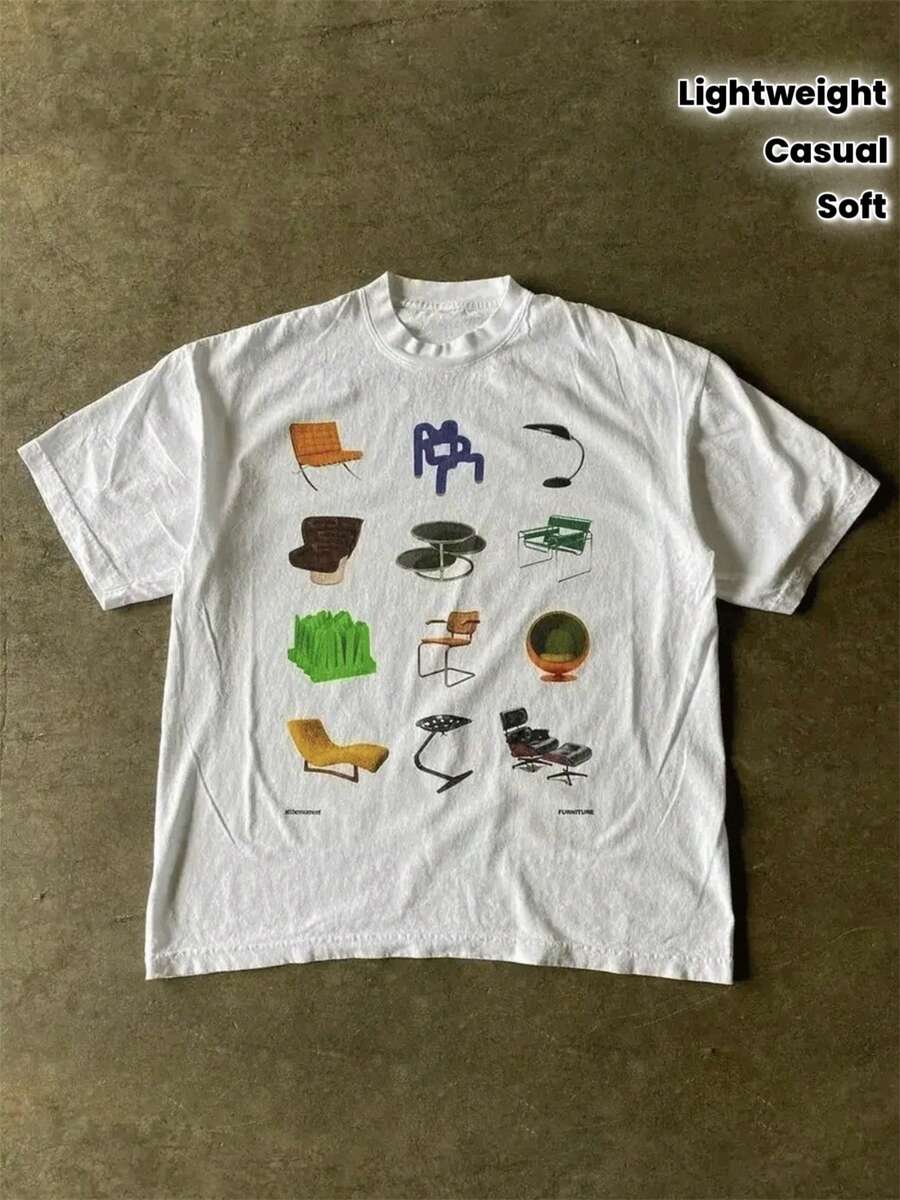 [Camiseta Vintage Chair] Camiseta para hombre con estampado de silla vintage - Patrón de silla moderna medieval Y2K, tejido suave, manga corta, cuello redondo, ligera, 180 g/m², en blanco y negro, camisa casual de verano para el Día del Padre, festivales de música, uso casual. - Negro - Ver 1