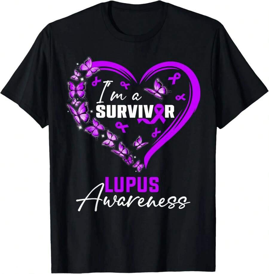 Soy un Superviviente - Camiseta Morada con Mariposa y Corazón para la Concientización sobre el Lupus - Negro - Ver 1
