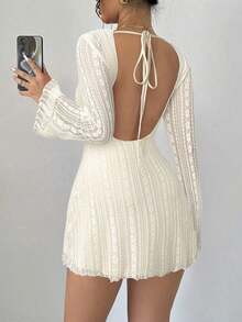 Elegant And Romantic Dress, Stylish For Work, Sexy, Suitable For Parties, Holidays, Back To School, Romantic Dates, Weddings Or Birthdays, Fitted, Lace, Long-Sleeved And Mini, For Autumn/Winter - 黑色 - 查看 2