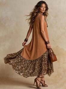Vestido de mujer estilo retro y vintage con estampado de leopardo bohemio, elegante para vacaciones de verano y festivales de música - Marrón - Ver 2