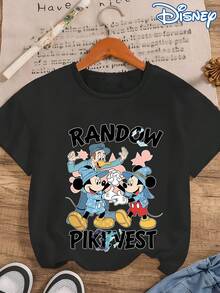 Disney Fun Cartoon Mickey Mouse And Donald Duck Print Women's T-Shirt, Couple And Best Friend Style Summer Casual Crew Neck Short Sleeve Top, Youthful College Style Cartoon Sweatshirt, Outdoor Daily Casual Wear For Women - màu đen - Xem 3