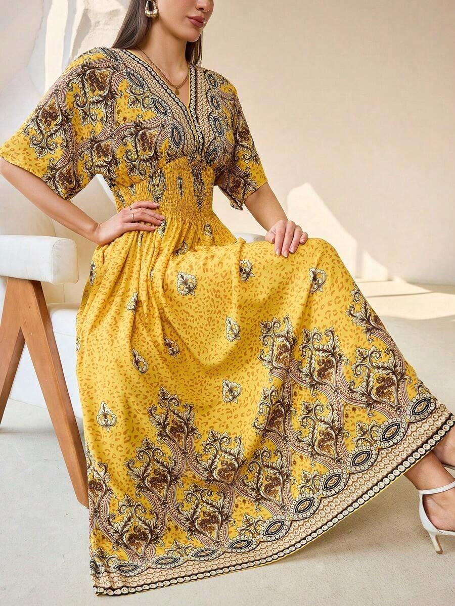 Lacomfia Vestido de mujer de estilo vacacional con estampado geométrico elegante, mangas de murciélago fruncidas y cintura ceñida - Amarillo - Ver 1