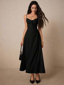 Women's Dress With Spaghetti Straps, Pleated Bust, And Solid Color - 黑色 - 查看 7