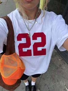 1 Piece New Fashion T-Shirt For Women, Loose Fit, Spring/Summer, Casual, Soft, Round Neck, Breathable, Red Digit Print 22, Oversized T-Shirt - Premium Cotton T-Shirts With Graphic Print And Round Neck - 365T, T-Shirt - Casual Oversized Short Sleeve Round Neck T-Shirt, Soft And Breathable Fabric For Parties And Gifts, 180g 100% Cotton. - White - View 8