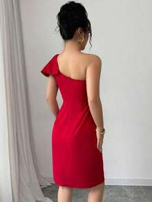 Vestido midi ajustado de unicolor con cuello asimétrico y abertura lateral para mujer - Burdeos - Ver 2