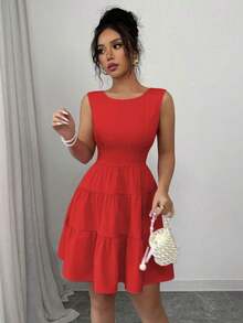 Vestido de mujer unicolor con cuello redondo, sin mangas, con cintura ajustada, decoración de lazo y falda de patinadora - Rojo - Ver 8
