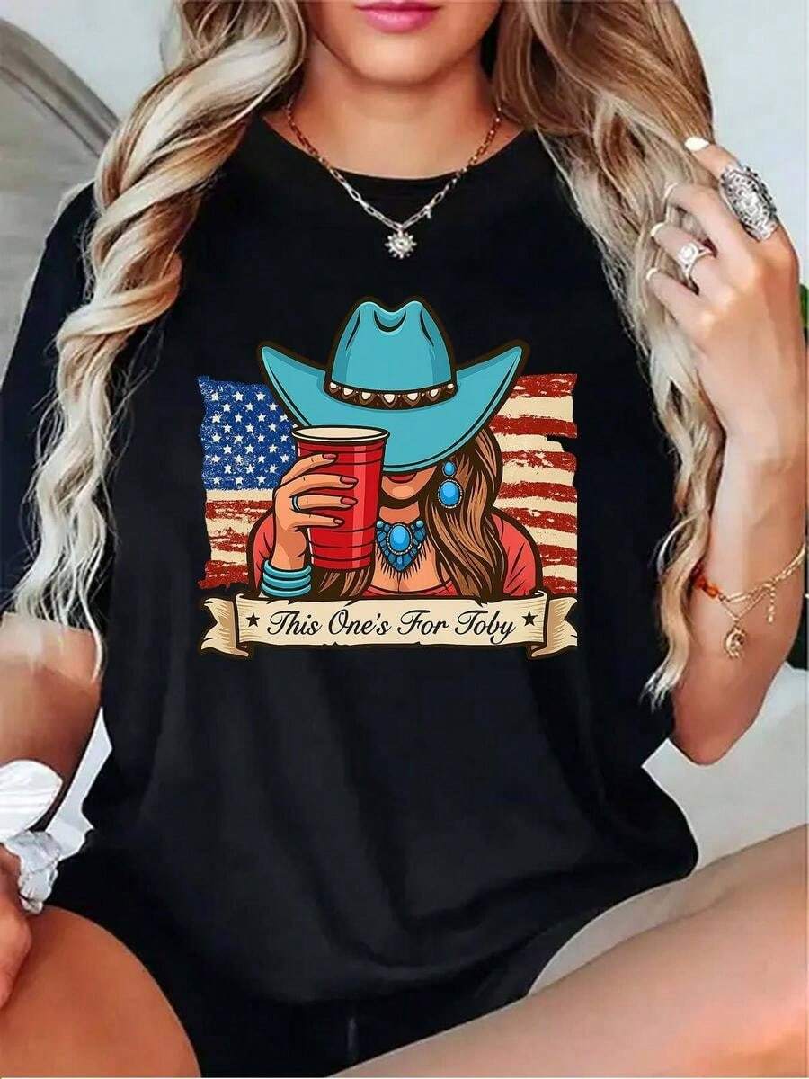 1 pieza de playera para hombre y mujer, 100% algodón puro, cuello redondo casual con estampado, manga corta transpirable para uso diario, dise?o de copa de cerveza roja con bandera estadounidense patriótica - Negro - Ver 1