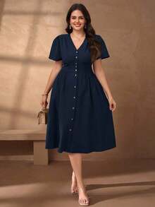 Chikora Vestido casual de oficina con cuello en V de lino para mujer de talla grande, vestido con botones Zanzea de talla grande para mujer, vestido de talla grande, vestido con botones de talla grande para mujer, ropa de talla grande para mujer, vestido de verano, vestido de primavera, vestido de festival, vestido de Pascua, vestido elegante, vestido de fiesta elegante, vestido de playa, vestido de invitada de boda para mujer, vestido de fiesta de boda, vestido de dama de honor, vestido de graduación, atuendo de graduación para madre, vestido casual, vestido de vacaciones, vestido de fiesta, vestido formal, vestido floral, vestido morado fluido de talla grande para mujer - Azul marino - Ver 4