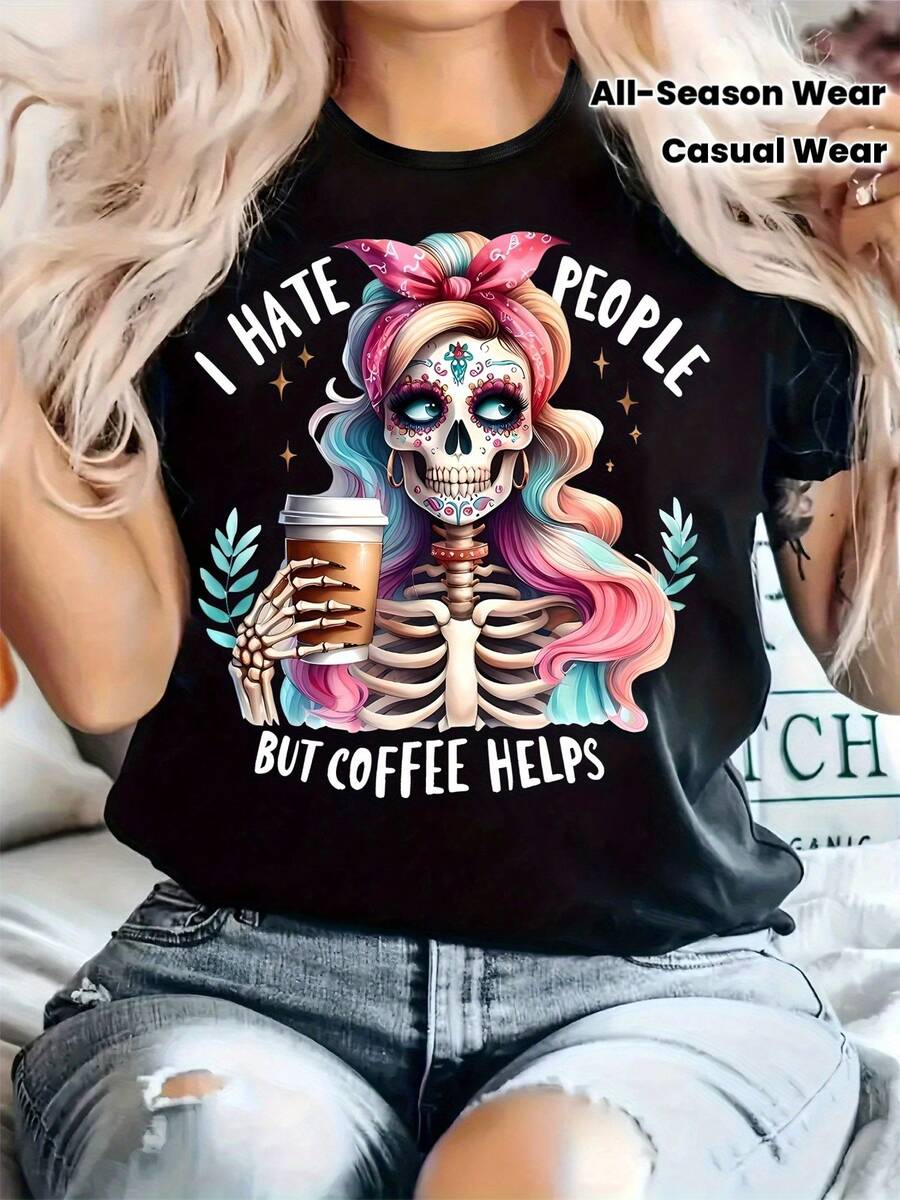 Camiseta Casual de Mujer Talla Grande, Estampado, Cuello Redondo, Manga Corta, Tejido Ligeramente Elástico, Estilo Regular, Cómoda para Todas las Estaciones, Ropa de Mujer - Negro - Ver 1