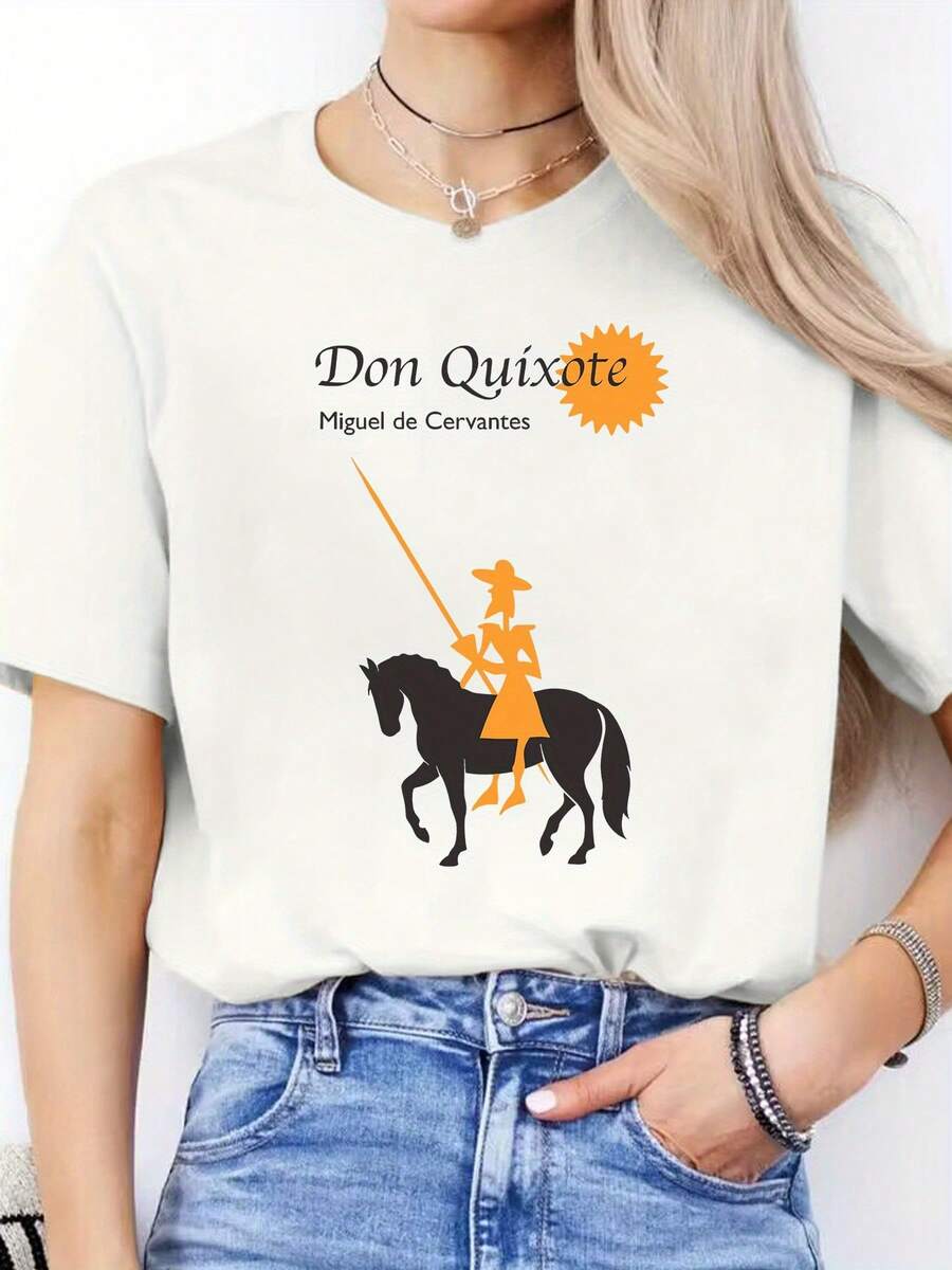Women's Casual Blouse With Spanish Letter Print, Spring/Summer Casual T-Shirt, Short Sleeve Sports T-Shirt With Round Neck, Cotton Tops For Women. - 白色 - 查看 1