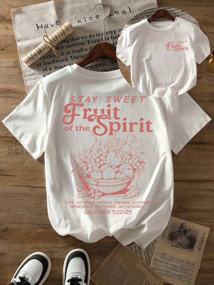 Camiseta Casual de Verano para Mujer - Manga Corta, Cuello Redondo, con Estampados de Letras y Frutas, Hecha de Tejido Suave, en Blanco, Perfecta para Primavera y Verano, Camiseta de Mujer Recomendado por mucha gente Elementos esenciales del guardarropa Artículos de moda y superventas PF8F - Blanco - Ver 1