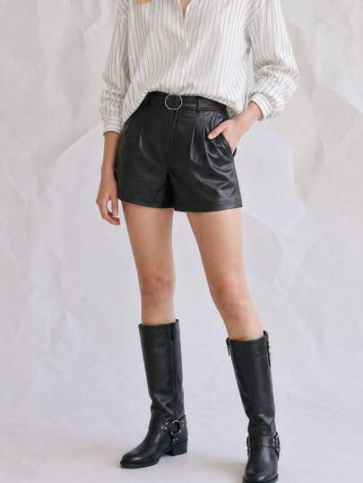 OUTTA BOX Elegant Black High-Waisted Belted Shorts, Suitable For Summer Parties, Wedding Guests, And Graduation Ceremonies. Fashionable PU Leather Set Suitable For Social Occasions.