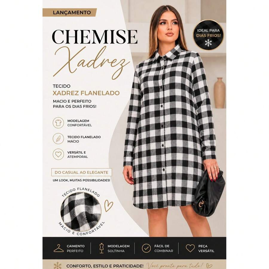 Checkered Shirt Dress With Buttons - màu đen - Xem 1