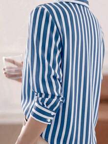 New Loose Long Sleeve Women Shirt, Solid Color Button-Up Blouse - Royal Blue - View 3