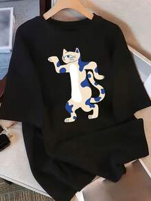 Camiseta de Algodón% para Mujer con Corte Holgado y Manga Corta - Estampado de Dibujos Animados, Cuello Redondo, Lavable enáquina, Cómoda para Verano y Todas las Estaciones, Camisetas de Algodón, Ropa Casual Diaria, Tejido Suave - Negro - Ver 4