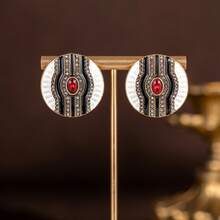 1 Pair Vintage Minimalist Daily Wear Earrings Inlaid With Red And Green Rhinestones, Suitable For Women's Daily Wear, Parties, Holidays, Vacations, Makes A Great Gift For Her - Red - View 6