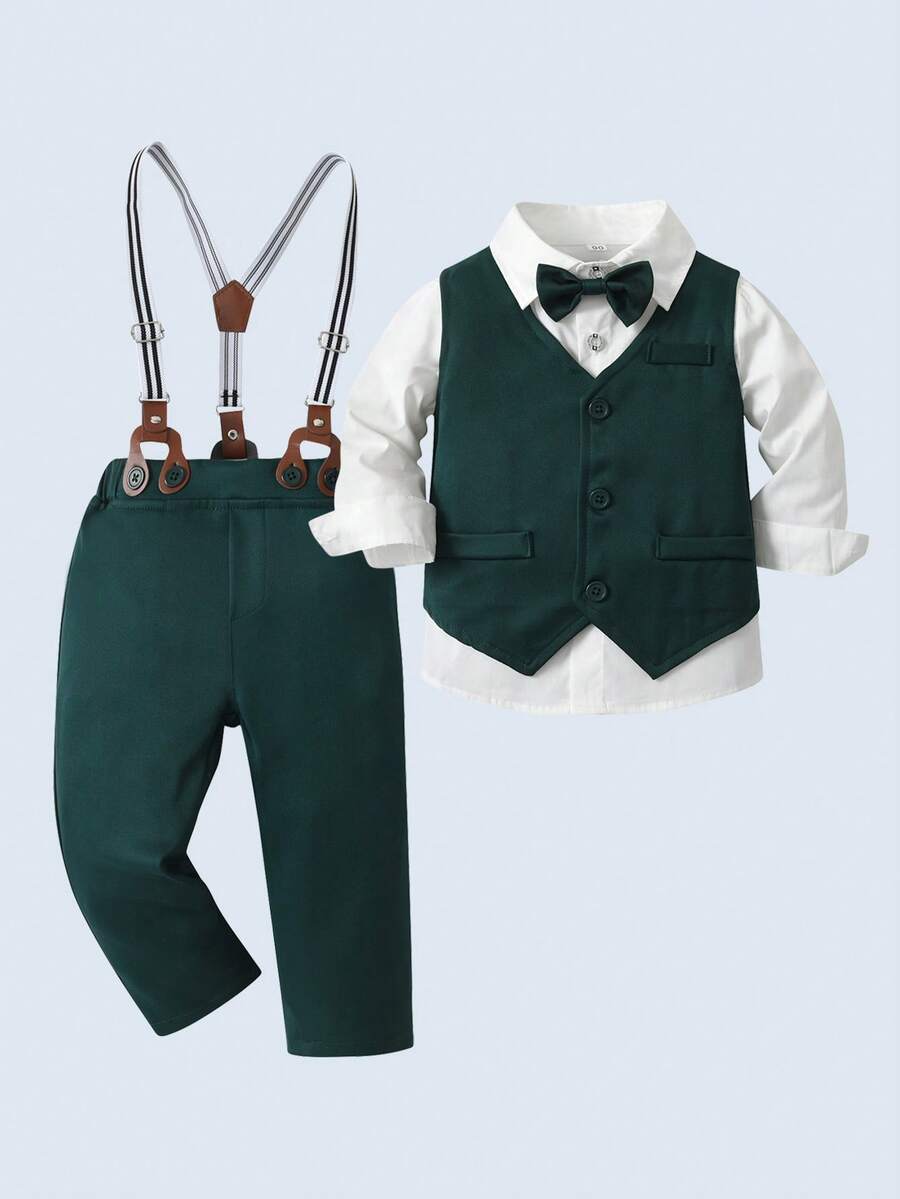 BOARNSEORL 3 件套年轻男孩绅士服装 - 长袖白衬衫配领结、背心和裤子,时尚,适合生日派对、婚礼、洗礼 - 綠色 - 查看 1