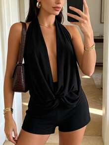 Women's Summer Club Outfits Backless Rompers Rave Date Night Twist Knot Halter Shorts Party Jumpsuits - Negro - Ver 2