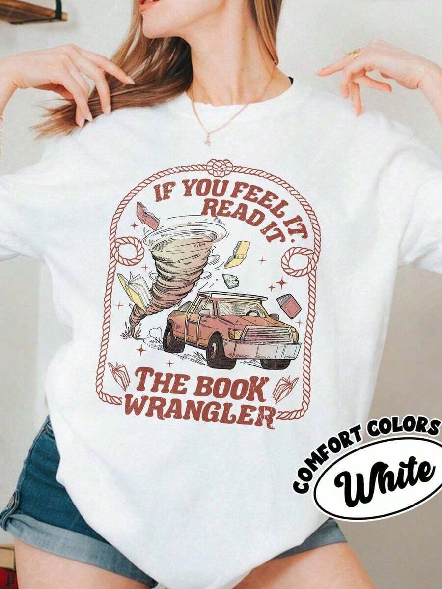 1 pieza Camiseta Artsadd Book, Regalo para amantes de los libros del oeste, Camiseta de estilo campestre, para lectoras campestres, Twisters Tornado, Camisetas de gran tamaño para mujer, Regalo para el Día de la Madre, 180g Algodón 100% - 1-blanco - Ver 1
