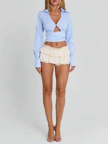 Women's Ruffle Layered Mini Skort, Mesh Tiered Bloomers Shorts Low Waist Frill Trim Micro Skirt Bottoms - Beige - View 7