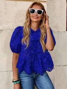 Blusa casual y elegante con mangas abullonadas, cierre de lazo y bordado, adecuada para el Día de San Valentín - Naranja - Ver 9