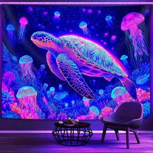 1pc Glow In The Dark Tapestry With Sea Turtle, Jellyfish, Coral Pattern, Large Size Plush Velvet Fluorescent Print Wall Hanging Tapestry For Bedroom, Party, Holiday Decor, Comes With Accessories - A - View 6