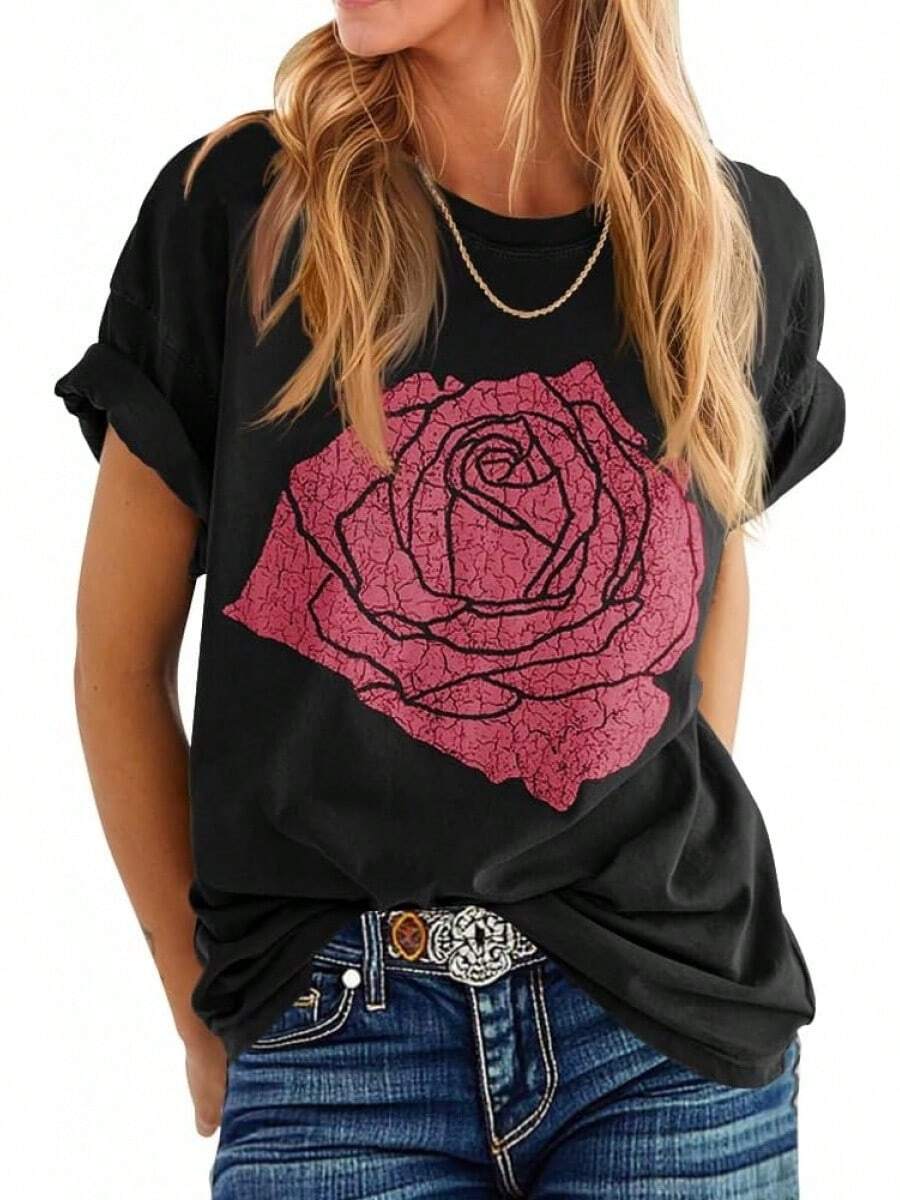 Women's T-Shirt With Rose Print, Loose Fit, Short Sleeve Summer Top, Casual Round Neck Boyfriend Style Top - 黑色 - 查看 1