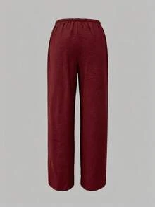 Women's Loose Drawstring Waist Wide Leg Pants, Lightweight Breathable Casual Trousers, Summer - Burgundy - View 4