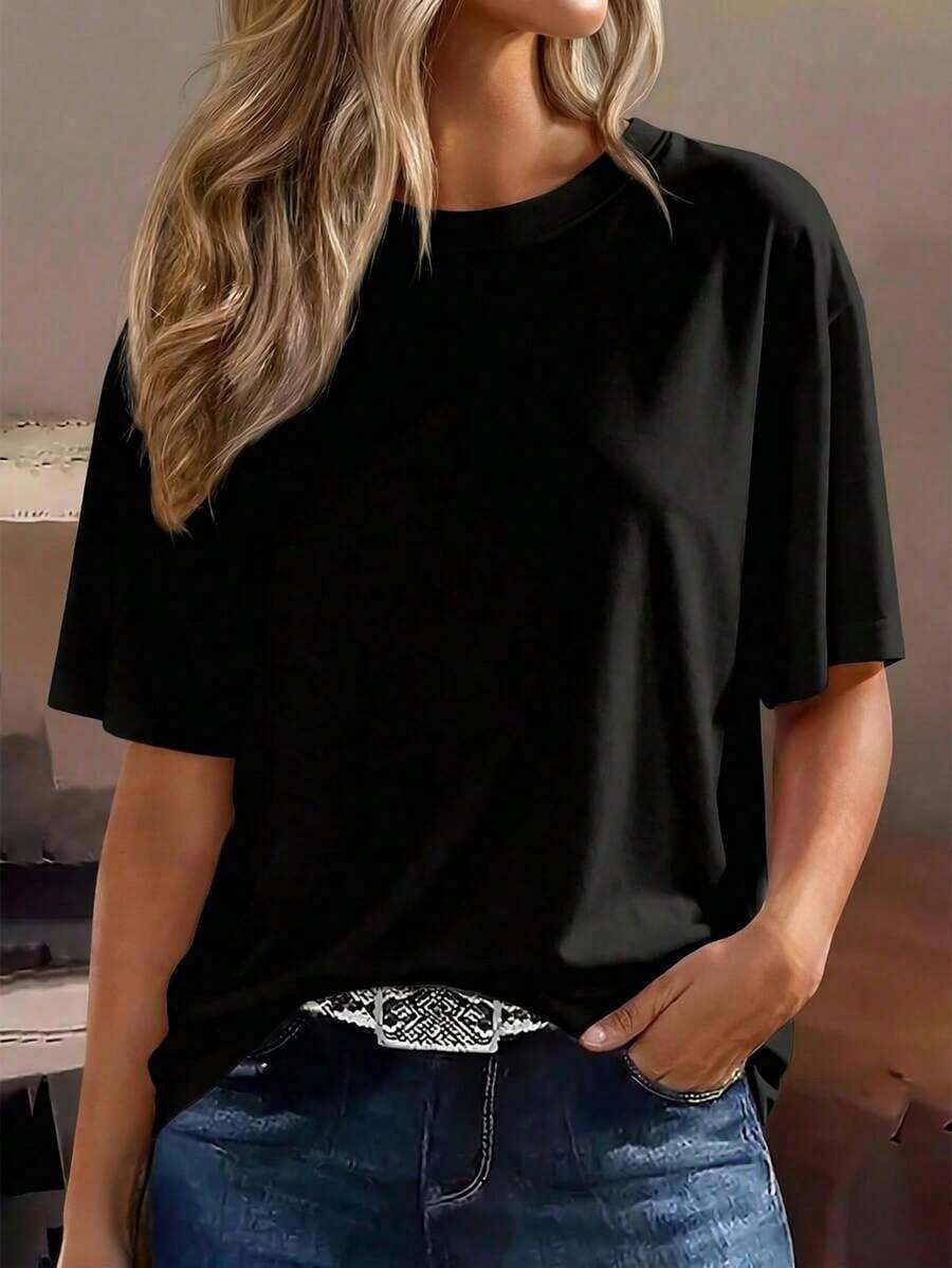 Women's Loose-Fitting Crew Neck T-Shirt, Solid Color Short Sleeve Top That Goes With Everything, Soft And Breathable, Versatile For Everyday Wear And Going To Work, Pink, Casual, By - 黑色 - 查看 1