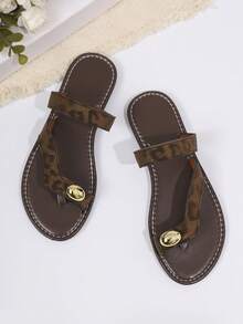 Sandalias de playa con estampado de leopardo y tachuelas, moda de verano cómoda - Café integral - Ver 7
