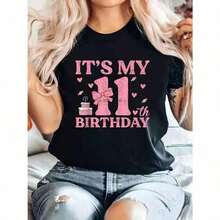 Camiseta gráfica para mujer "Es mi 11º cumpleaños" - Negra con letras rosas, mezcla elástica de poliéster y spandex, camiseta casual de manga corta y cuello redondo para primavera, verano y otoño, lavable a máquina, camisetas para damas, ropa de celebración, diseño festivo y divertido. - Negro - Ver 1