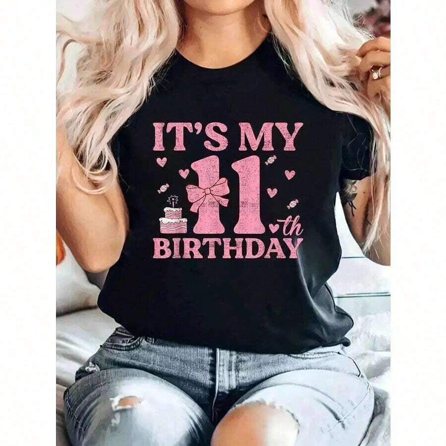 Camiseta gráfica para mujer "Es mi 11º cumpleaños" - Negra con letras rosas, mezcla elástica de poliéster y spandex, camiseta casual de manga corta y cuello redondo para primavera, verano y otoño, lavable a máquina, camisetas para damas, ropa de celebración, diseño festivo y divertido. - Negro - Ver 1