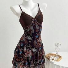 Nana's Women's Clothing Store  Vestido de mujer, estampado de flor de anacardo y malla con contraste de colores, para resort - Negro - Ver 7