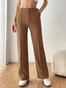 Pantalones rectos de traje sólidos para mujer en otoño/invierno - Camel - Ver 3