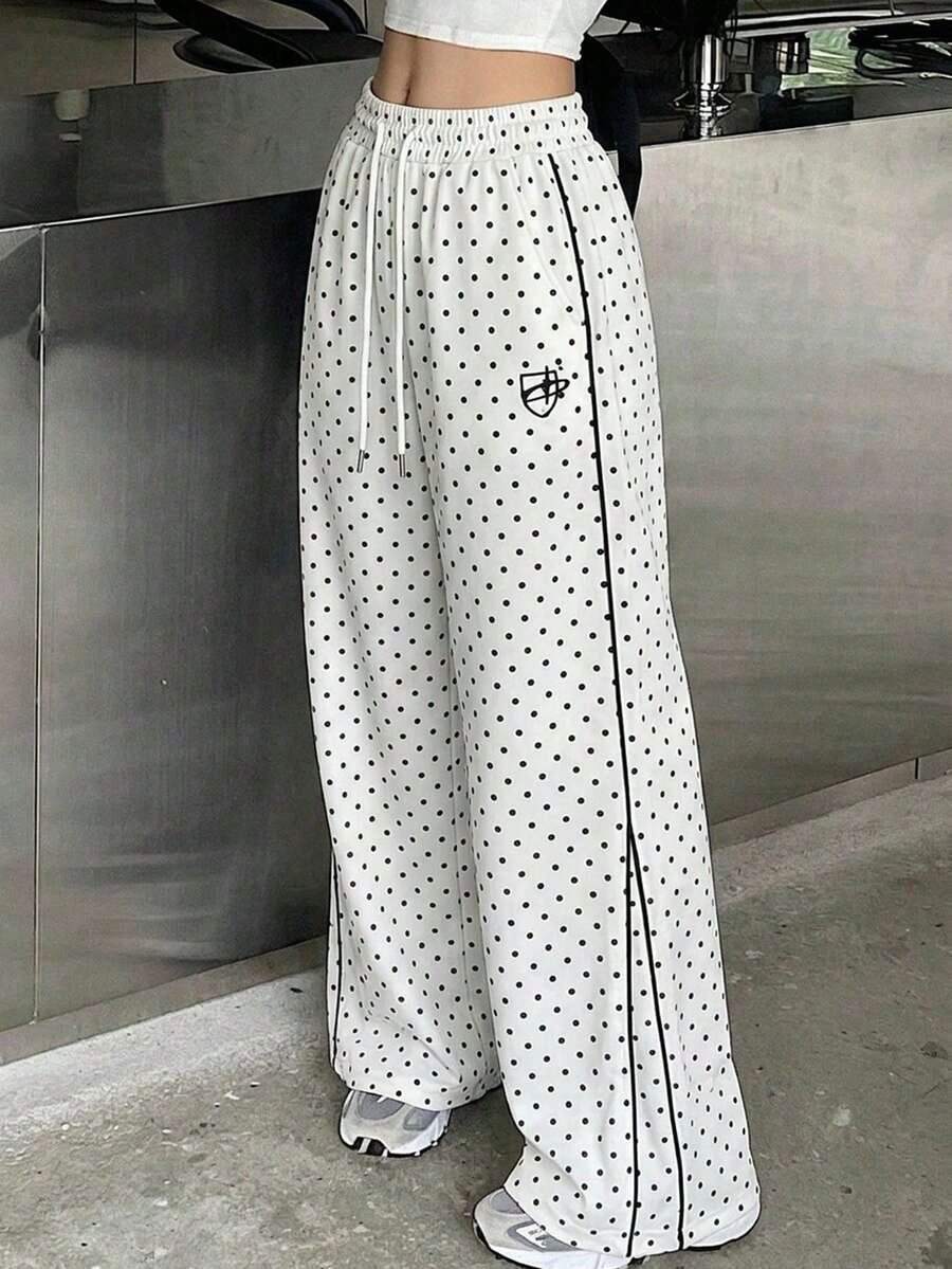 Pantalones casuales de mujer con estampado, cintura con cordón y bolsillos - Beis - Ver 1