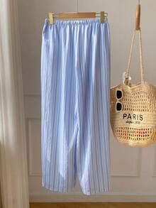 Pantalones a rayas rosas para mujer, vacaciones de verano - Azul 4 - Ver 2