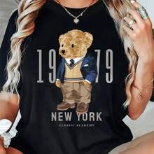 AINO 1 Pieza Camiseta de Algodón 100% con Estampado de Oso de Nueva York, Algodón Grueso, Camiseta de Halloween para Mujer - Negro 3 - Ver 7