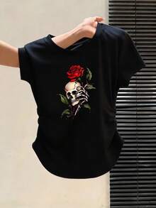 Blusa casual para mujer, camiseta deportiva de manga corta a la moda - camiseta rosa con estampado de calaveras y rosas en estilo romántico oscuro, top casual cómodo y fácil de combinar con cuello redondo, mezcla de poliéster de manga corta adecuada para todas las estaciones, disponible en múltiples colores, perfecta para reuniones familiares, regalos festivos y salidas diarias para mostrar tu calidez y encanto, un artículo imprescindible, playeras de mujer algodón. - Blanco - Ver 8