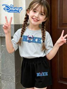 Disney Collaboration,Teen Girl Clothes Summer,Stitch -Style Two-Piece Set: T-Shirt And Shorts-Available In Kids' Summer Sets,Mother Gifts, 4th Of July,Disney Alliance - Màu Xám nhạt - Xem 1