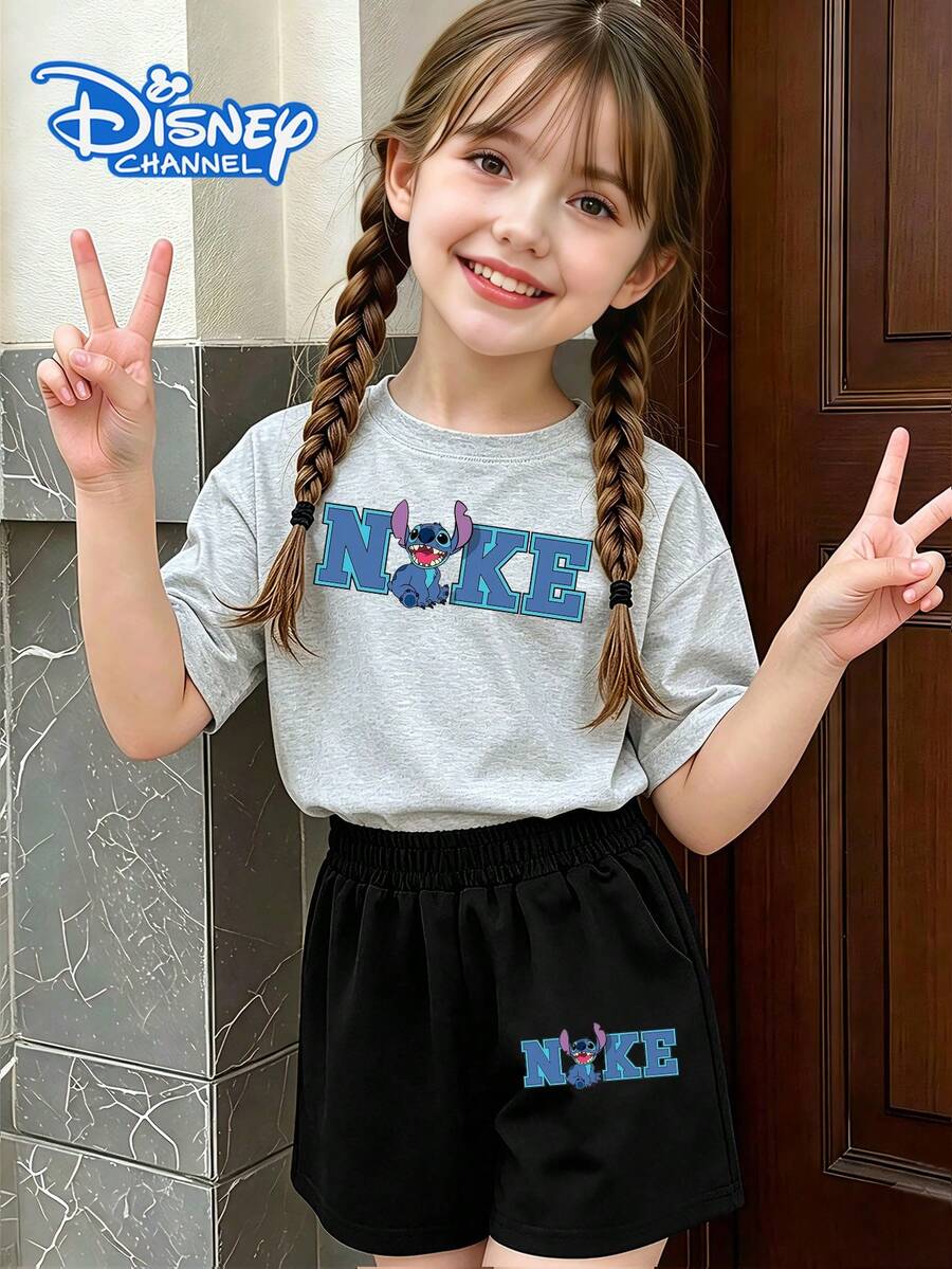 Disney Collaboration,Teen Girl Clothes Summer,Stitch -Style Two-Piece Set: T-Shirt And Shorts-Available In Kids' Summer Sets,Mother Gifts, 4th Of July,Disney Alliance - Màu Xám nhạt - Xem 1