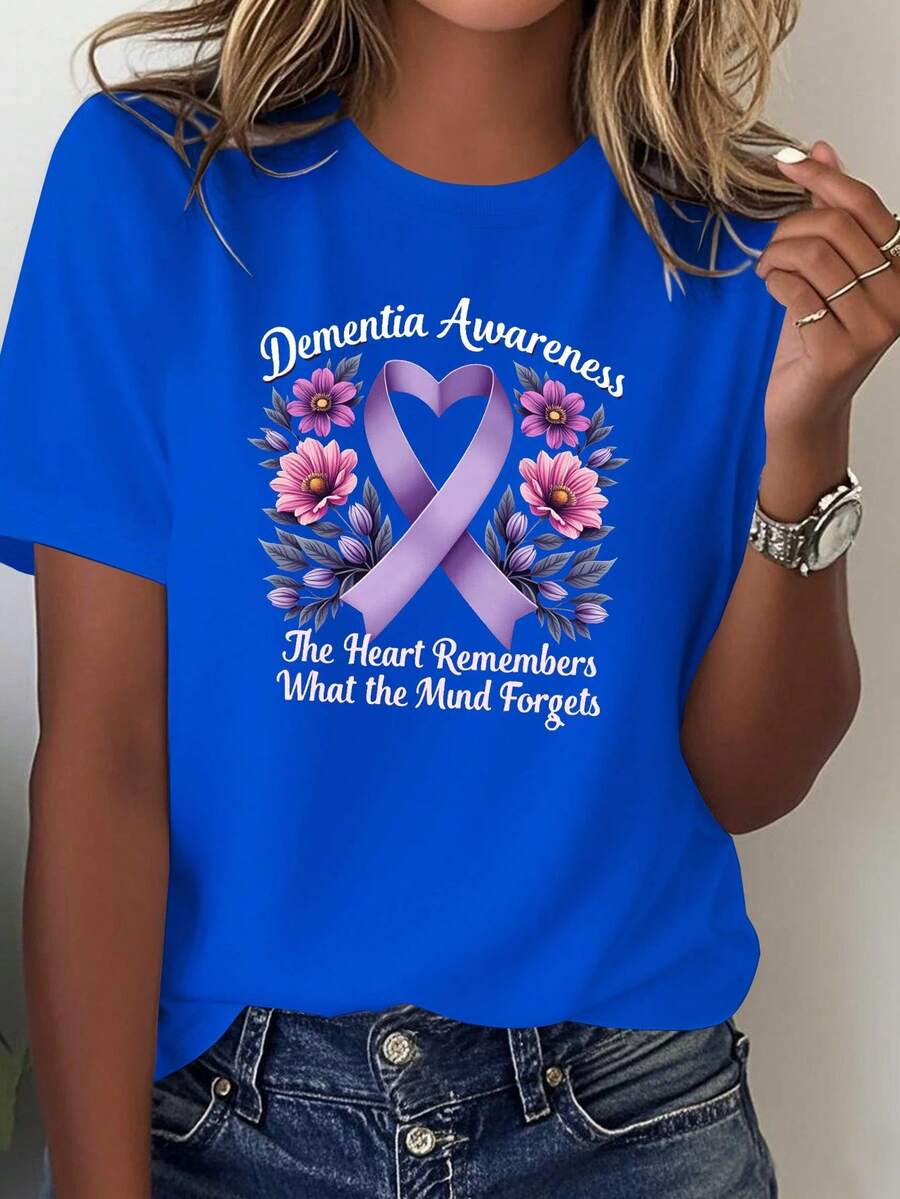 Soft Women's T-Shirt With Purple Ribbon To Raise Public Awareness About Alzheimer's Disease, Casual Blouse For Women - 藍色 - 查看 1